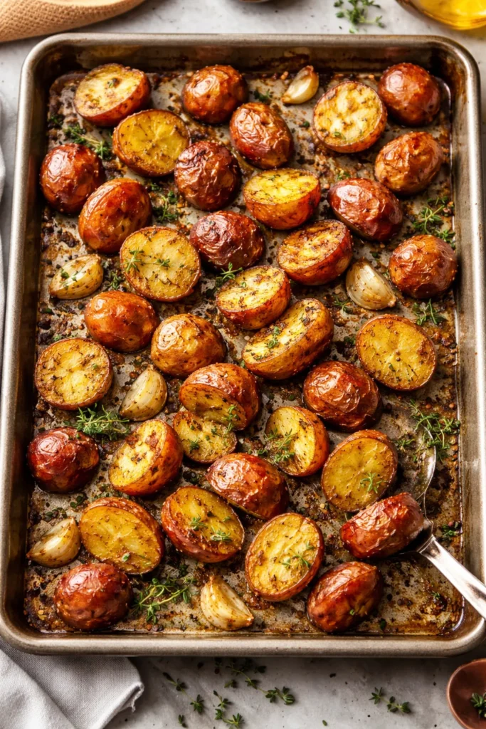 8 Easy Roasted Vegetable Sides for Dinner 5 Crispy roasted potatoes with smashed garlic and herbs on sheet pan