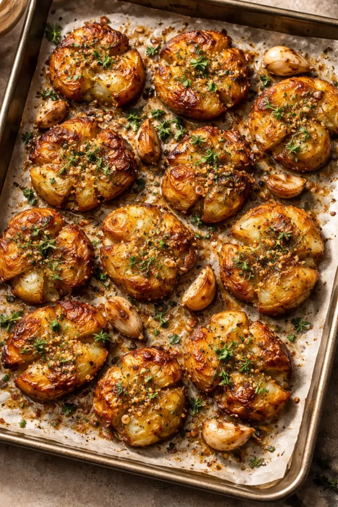 10 Veggie Sides That Outshine the Main Dish 3 Close-up of crispy smashed potatoes with garlic oil and golden crust