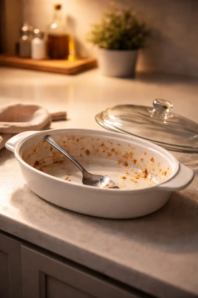 8 Potluck Recipes Everyone Asks You to Bring 9 Quiet kitchen scene with an empty serving dish and lid on a clean countertop.