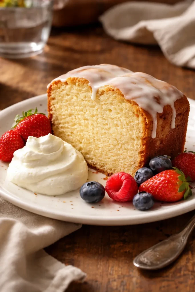 Moist Buttermilk Pound Cake that Won't Dry Out 13 Moist pound cake slice with berries and whipped cream on rustic table