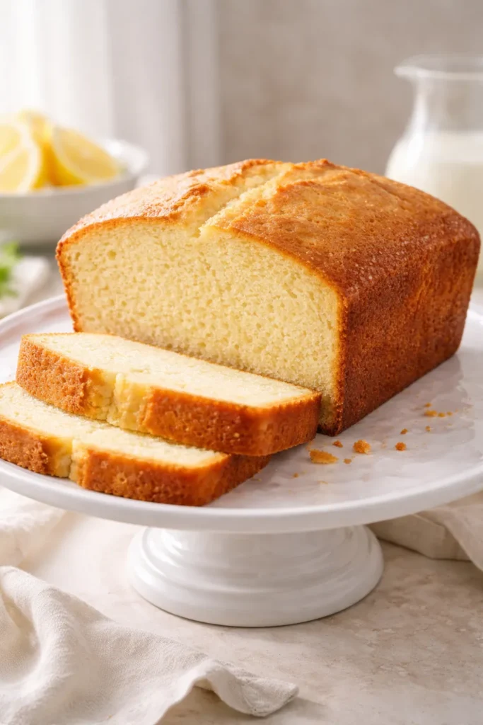 Moist Buttermilk Pound Cake that Won't Dry Out 9 Golden pound cake on a pedestal highlighting moist crumb