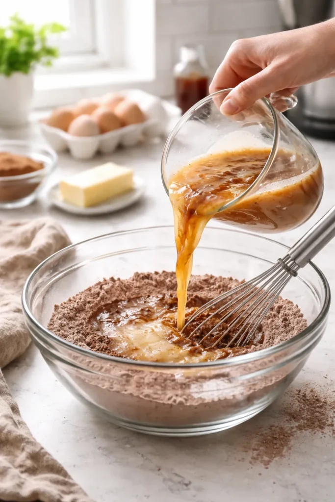 Easiest One Bowl Chocolate Cake For Beginners 6 Hand pouring wet ingredients into dry mix in a bowl