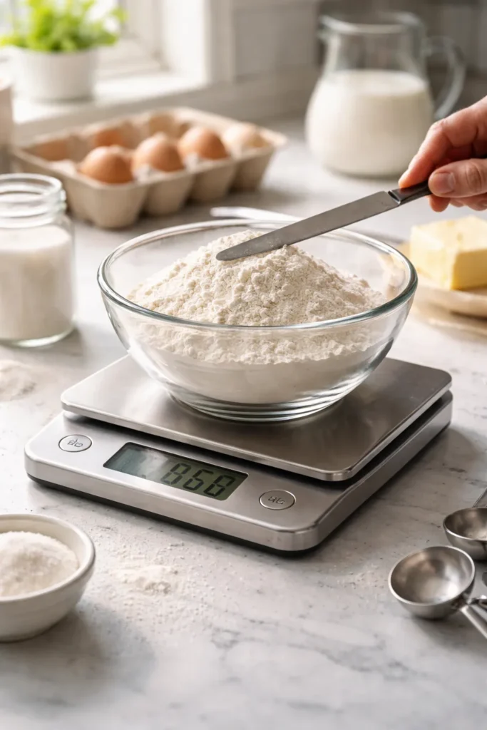 How to Bake Perfectly Moist Cakes Every Time 3 Measuring ingredients with a scale and leveling tool to ensure precision