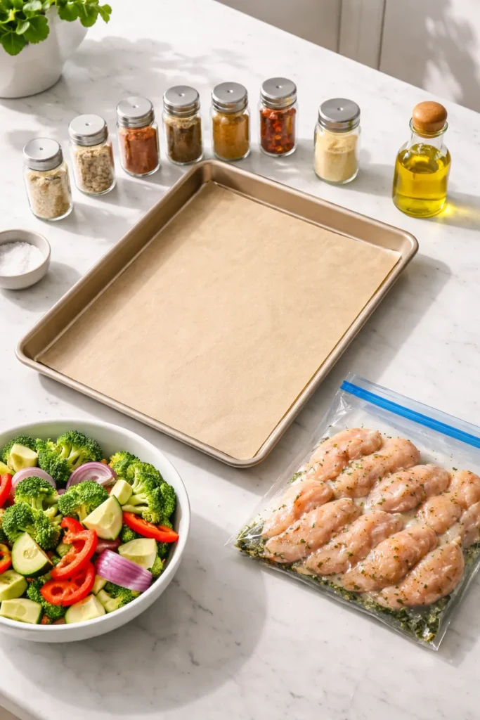 10 Oven-Baked Meals for Easy Weeknight Dinners 13 Top-down view of organized prep station with spice jars, baking sheet, and chicken prep to speed weeknight dinners