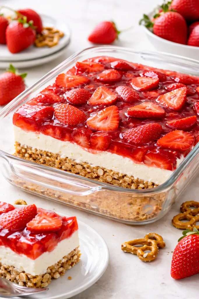 15 Sugar Free Treats That Actually Taste Good 6 Three-layer sugar-free strawberry pretzel salad in a glass dish.