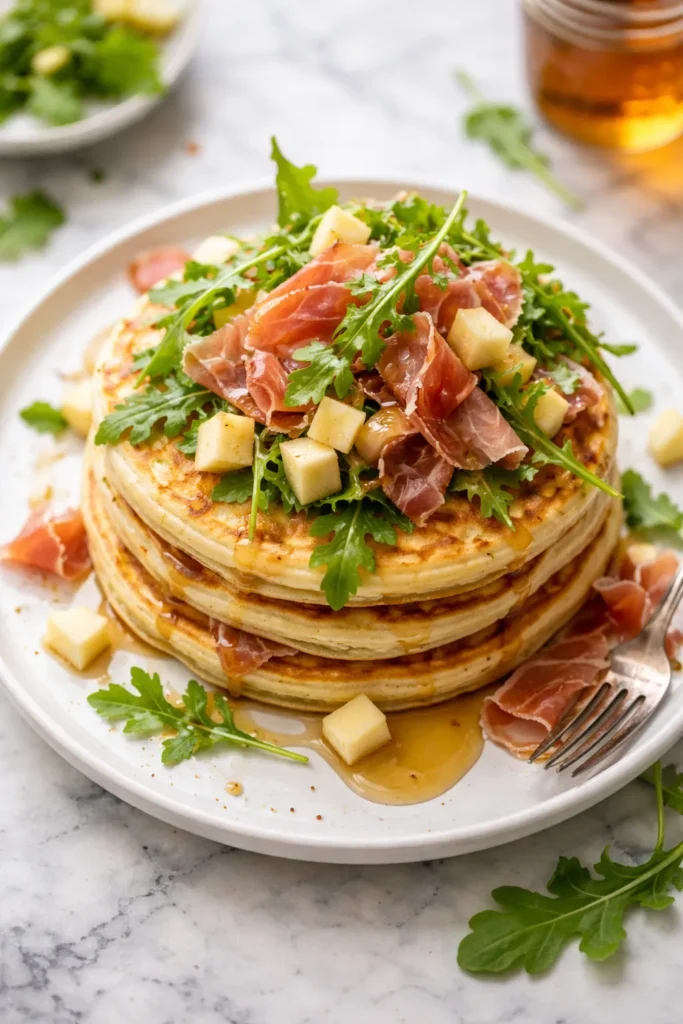 8 Savory Pancake Recipes for a Weekend Brunch 10 Pancakes topped with prosciutto, apple, and arugula
