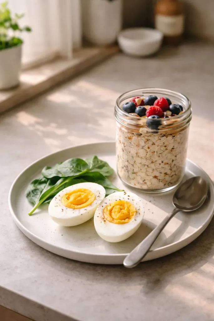 10 High Protein Breakfasts for Busy Mornings 15 Minimal breakfast scene with overnight oats and hard-boiled eggs, emphasizing consistency