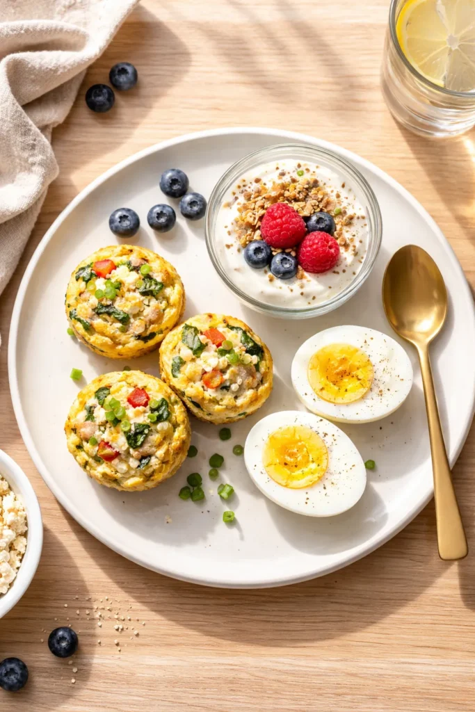10 High Protein Breakfasts for Busy Mornings 13 Top-down view of a high-protein breakfast plate with cottage cheese egg bites, yogurt parfait, and a hard-boiled egg