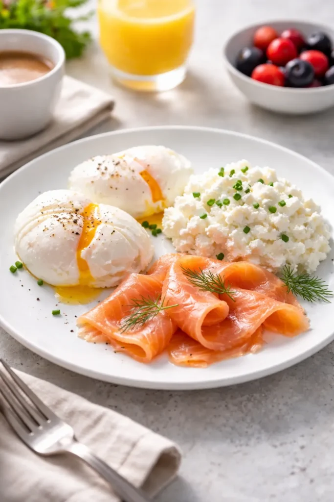 10 High Protein Breakfasts for Busy Mornings 1 Close-up of high-protein breakfast plate with eggs, cottage cheese, and smoked salmon