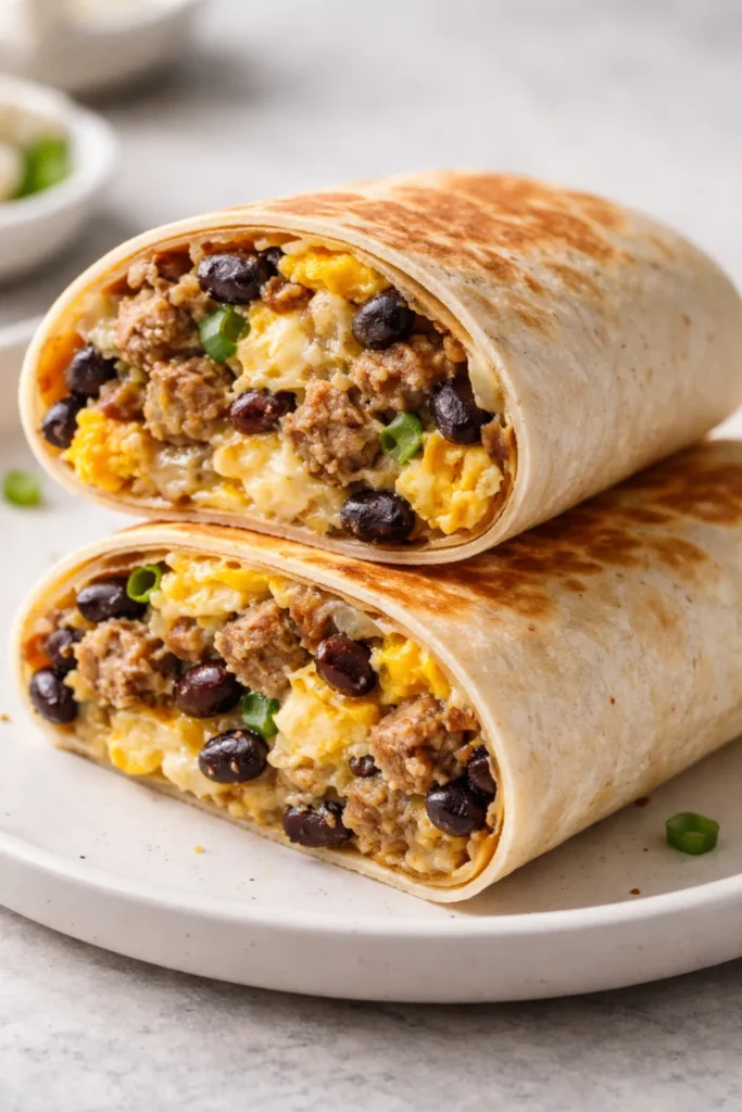 8 Breakfast Burrito Recipes for Meal Prep 4 Cross-section of High-Protein Black Bean and Turkey Sausage Burrito with beans and sausage