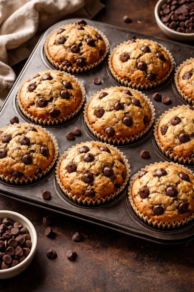 Fluffy chocolate chip protein muffins in a muffin tin
