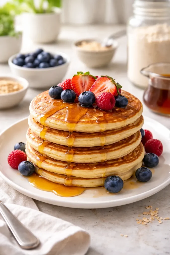 10 High Protein Breakfasts for Busy Mornings 7 Stack of banana-free protein pancakes with syrup and berries on a white plate