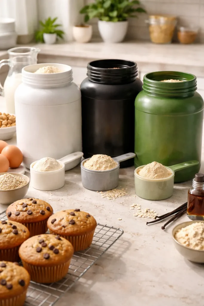 Assorted unlabeled protein powder containers and scoops on a kitchen counter.