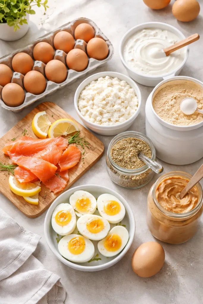10 High Protein Breakfasts for Busy Mornings 14 Top-down display of high-protein breakfast staples: eggs, cottage cheese, yogurt, smoked salmon, protein powder, hemp seeds, and peanut butter