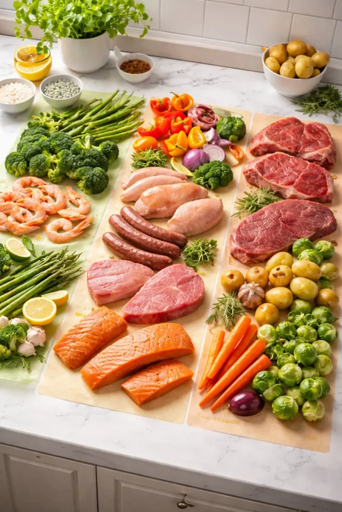 10 Sheet Pan Dinners With Almost No Cleanup 12 Conceptual layout of proteins and vegetables grouped for even sheet-pan cooking.