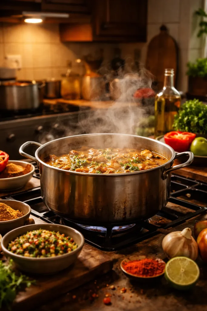 Cozy kitchen with simmering pot for Puerto Rican home cooking