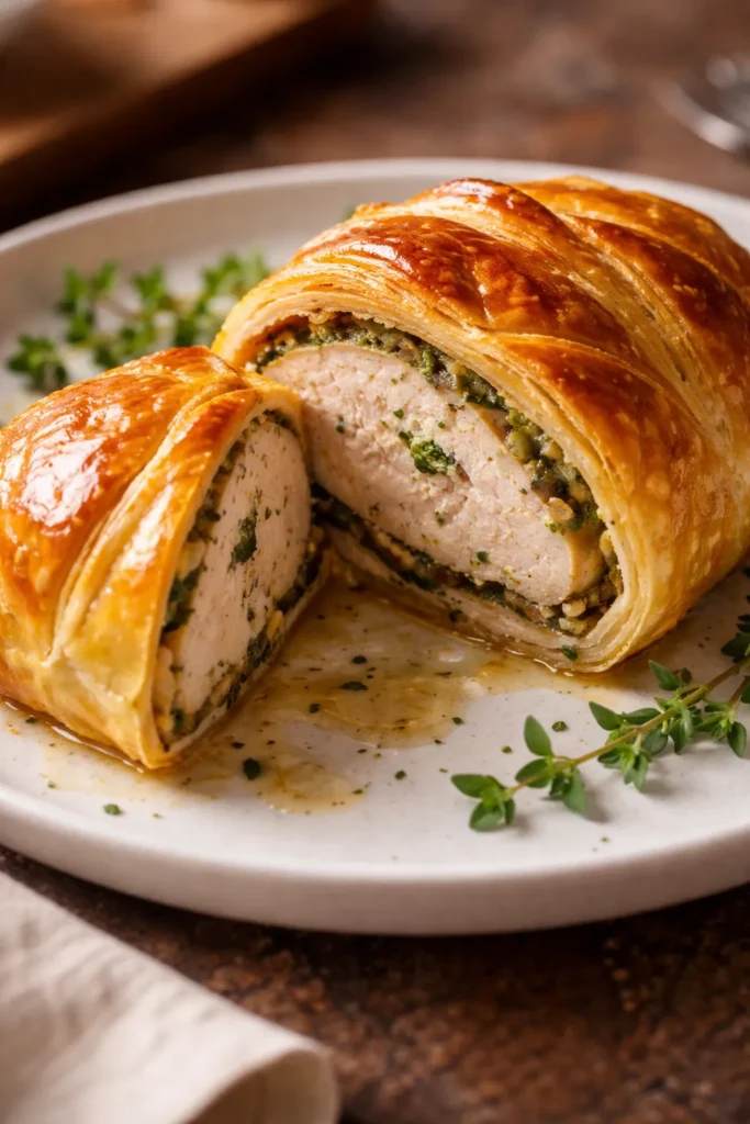 Golden puff pastry-wrapped chicken with herb filling