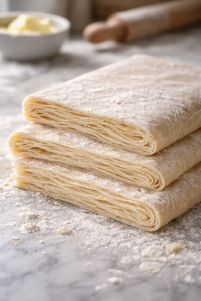 Close-up of laminated puff pastry layers showing flaky texture