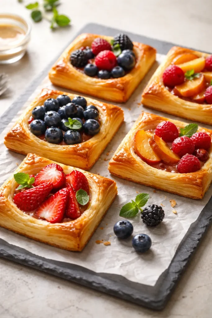 15 Fool Proof Dessert Recipes for Bad Bakers 15 Golden puff pastry tarts with fresh fruit on a slate board