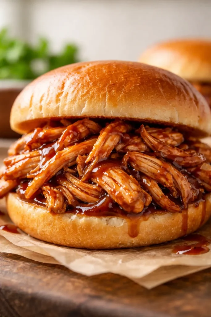 Pulled chicken sandwich with BBQ sauce on a bun