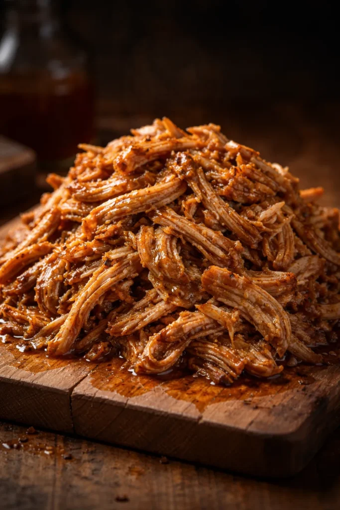 12 Classic American Dinners Everyone Loves 11 Pulled pork BBQ mound with glossy sauce on wood surface
