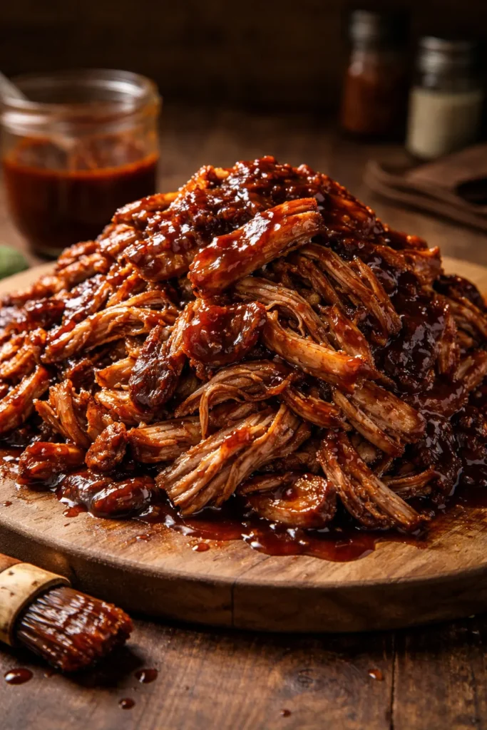 Pull-apart pork with homemade BBQ sauce on a plate