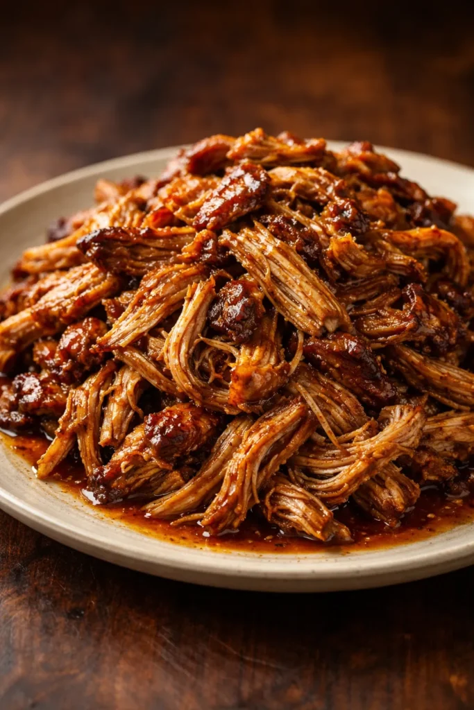 Juicy pulled pork piled on a plate with an amber glaze
