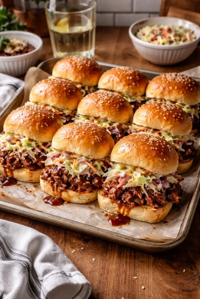 8 Slider Recipes for Parties and Game Night 5 Close-up of BBQ Pulled Pork Sliders with glossy sauce