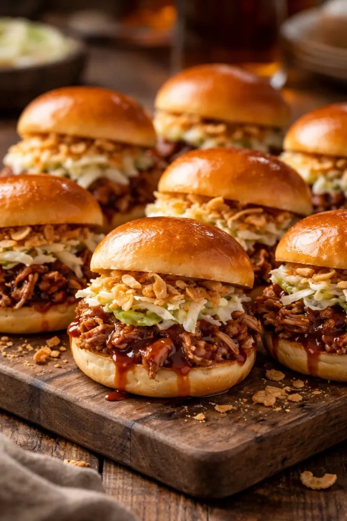 8 Pulled Pork Sliders for Your Next Party 1 Close-up of Classic BBQ Pulled Pork Sliders with Coleslaw on a wooden board