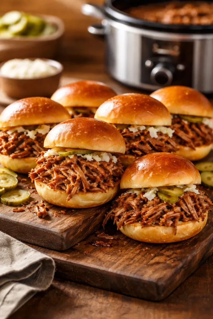 8 Potluck Recipes Everyone Asks You to Bring 7 Close-up of tender pulled pork on glossy slider buns on a rustic wooden board with warm lighting.