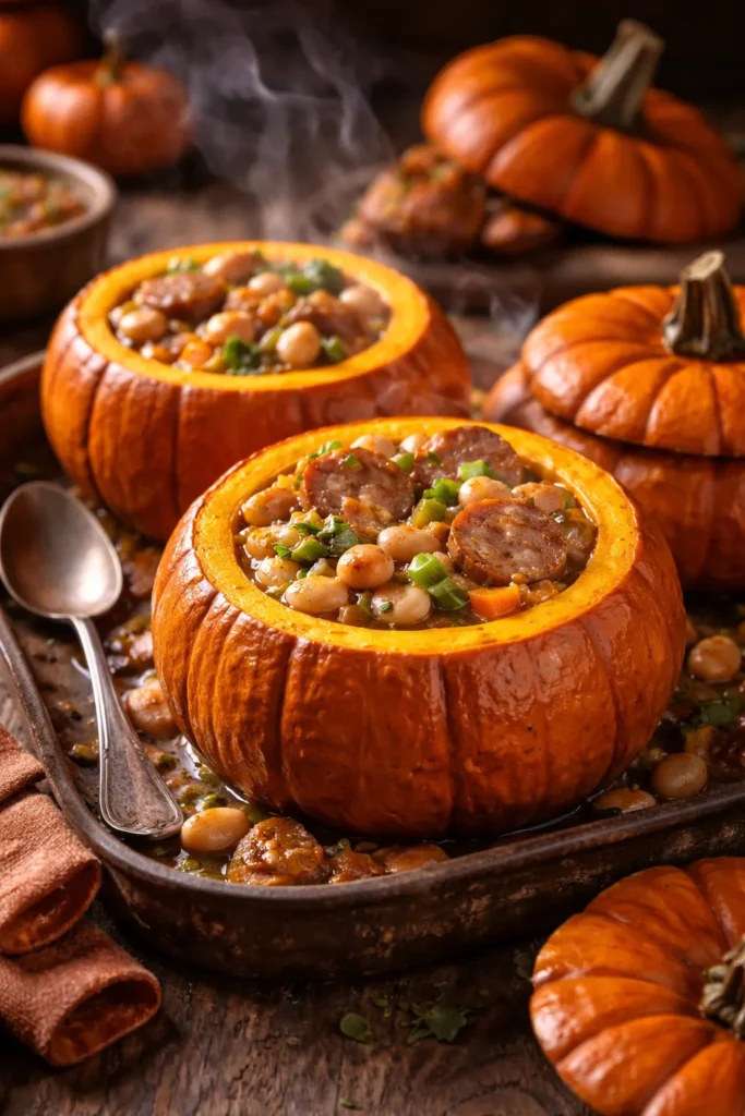 Hearty white bean and sausage stew served inside roasted hollowed-out sugar pumpkins