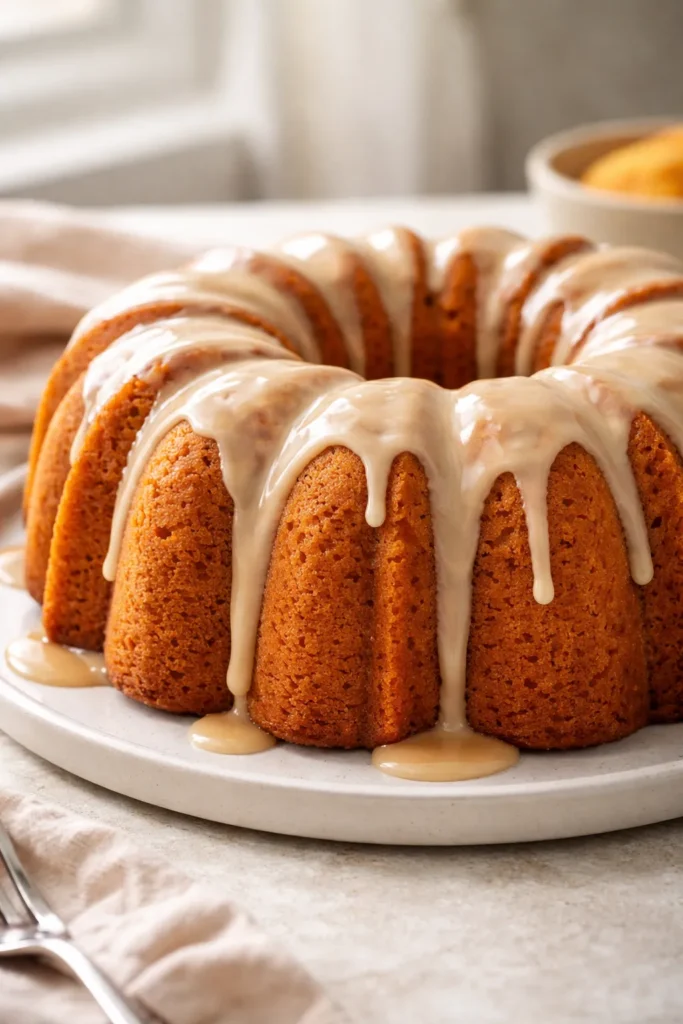 10 Beautiful Bundt Cakes for Beginners 5 Pumpkin Bundt cake with maple glaze on neutral backdrop