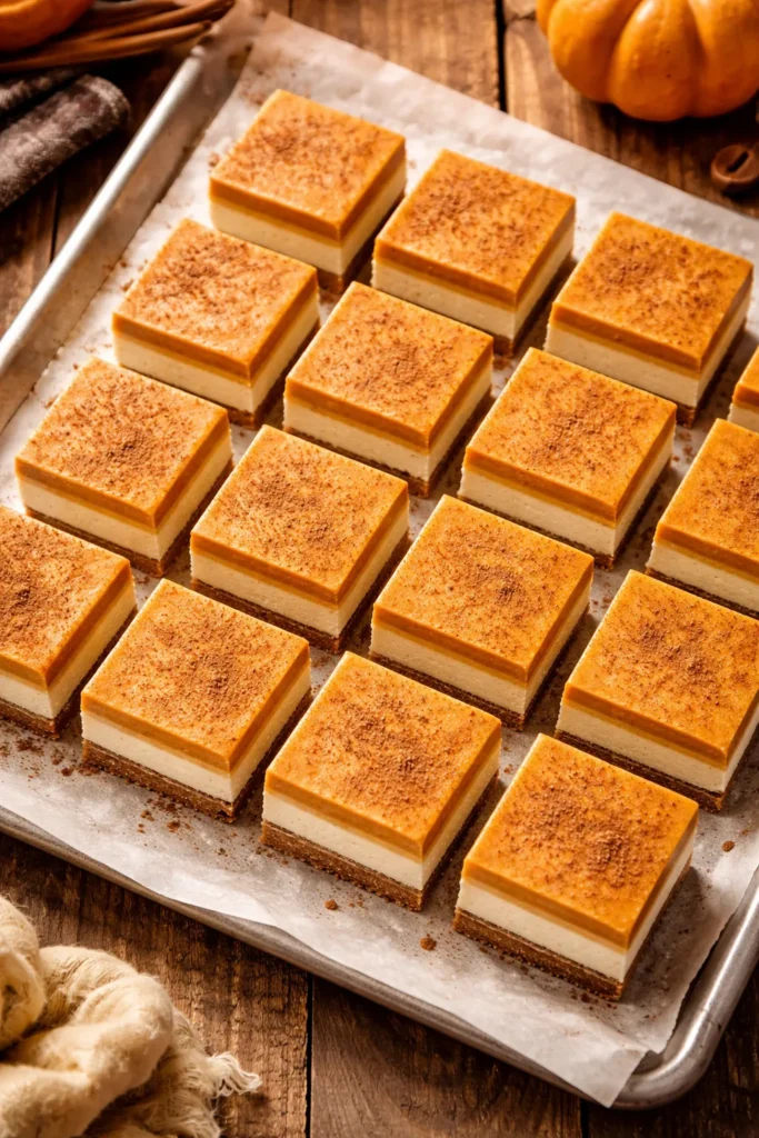 15 Easy Cream Cheese Dessert Recipes 8 Top-down view of pumpkin cheesecake bars cut into neat squares