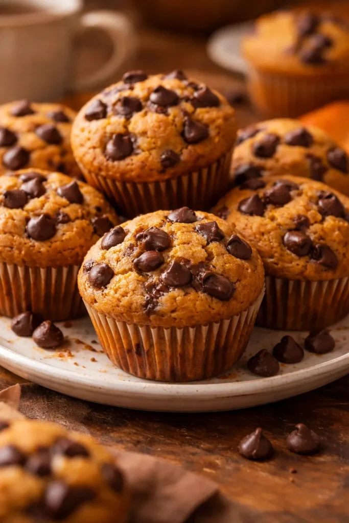 Close up of pumpkin muffins filled with gooey melted chocolate chips