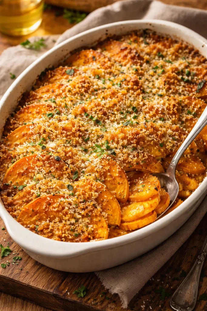 Baked pumpkin slices topped with a crispy golden pecorino cheese and breadcrumb crust
