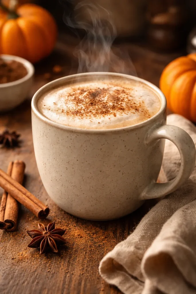 15 Sugar Free Treats That Actually Taste Good 13 Close-up of a homemade pumpkin spice latte in a ceramic mug with foam and cinnamon.