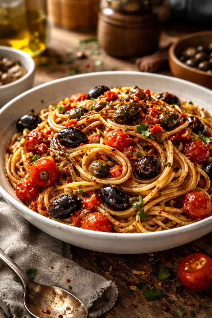 Pasta puttanesca with olives, capers and anchovies