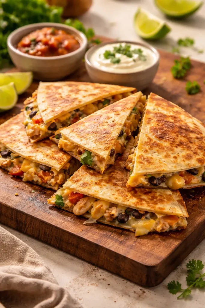 10 Easy Dinners for When You're Too Tired 7 Close-up of a golden quesadilla folded and cut into wedges on a wooden board