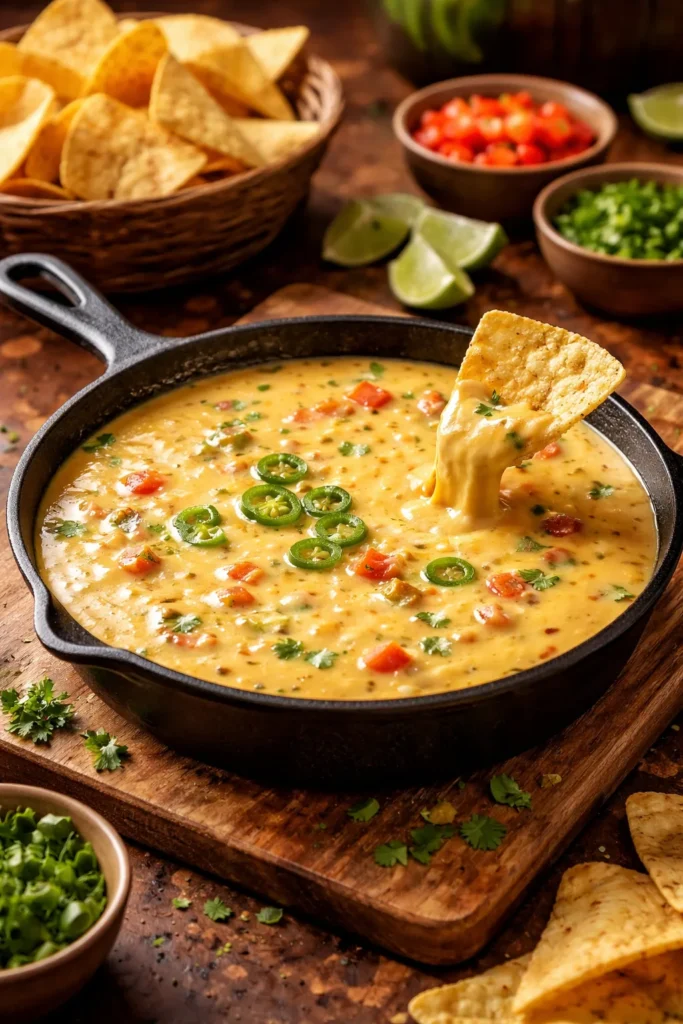Velvety queso dip in a skillet ready to serve