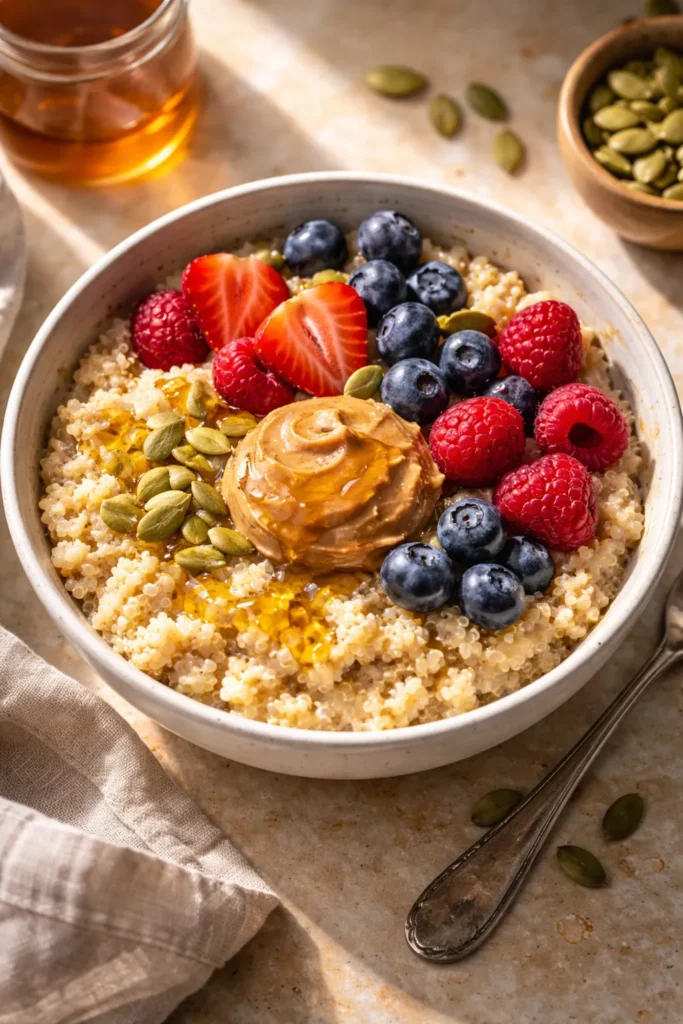 10 Clean Eating Recipes for the Whole Week 7 Quinoa breakfast bowl with berries and almond butter on a wooden surface