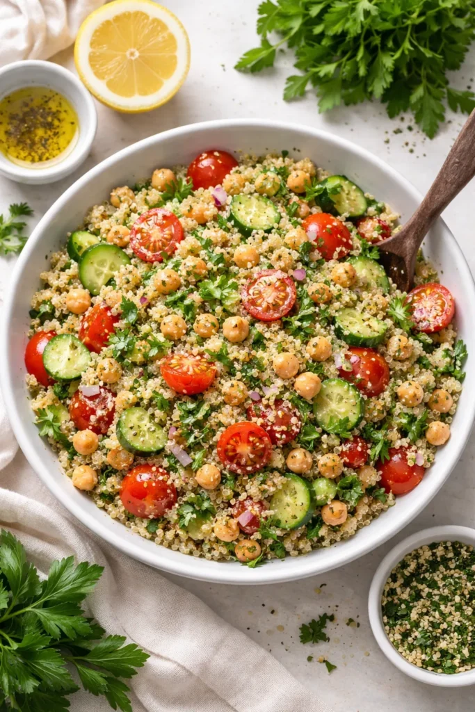 Quinoa salad with chickpeas and vegetables in a bowl