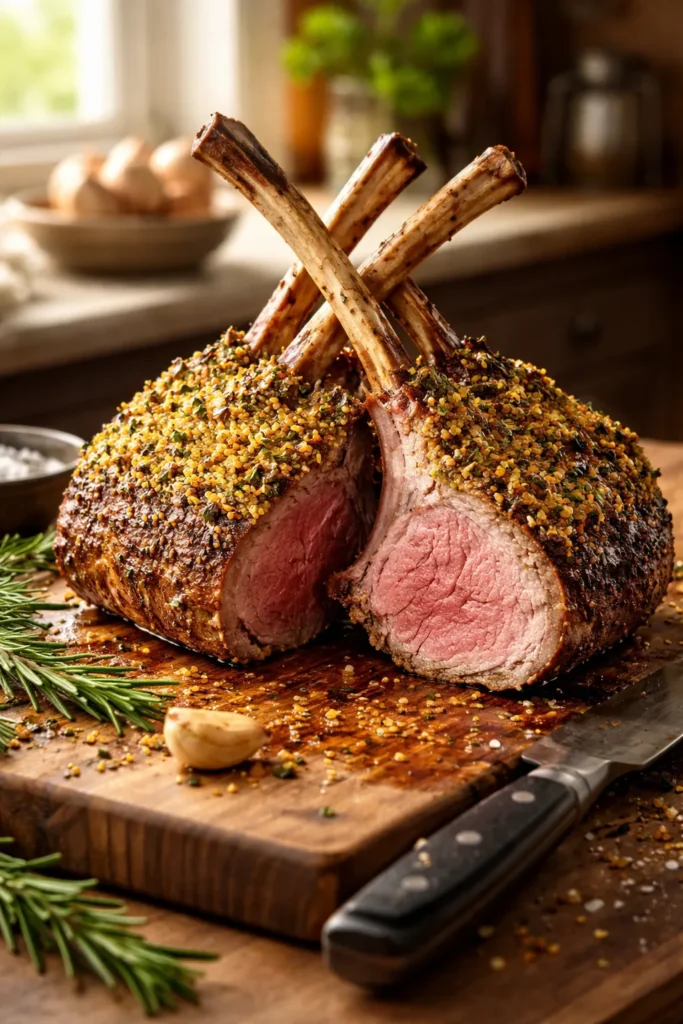 Rack of lamb with Dijon herb crust crossbones on board