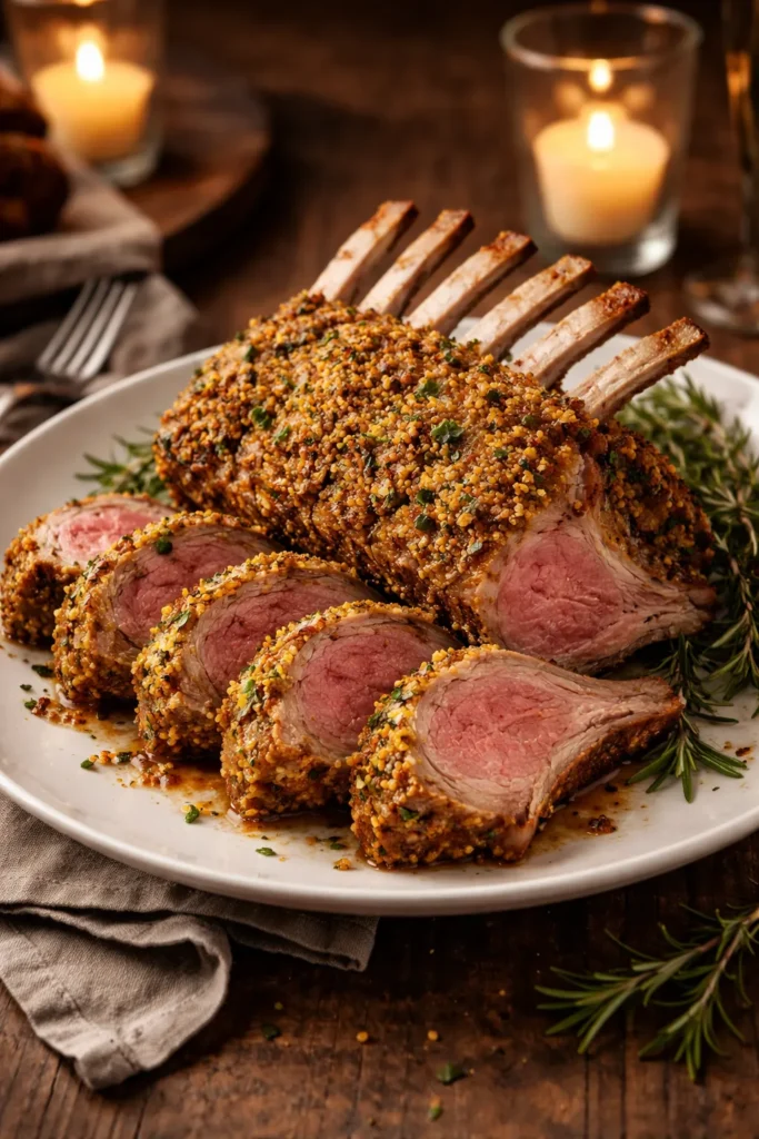 Frenched rack of lamb with Dijon crust on plate under warm candlelight