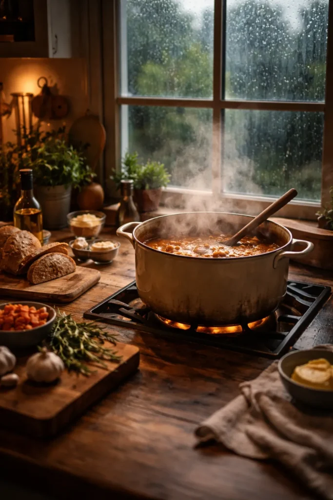 8 Rainy Day Recipes for Cozy Comfort 9 Cozy kitchen with steaming pot and rain on window