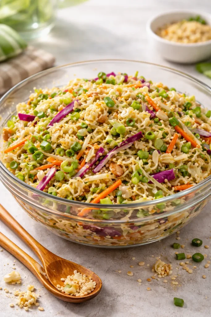Crunchy ramen noodle coleslaw with sesame dressing in a bowl.