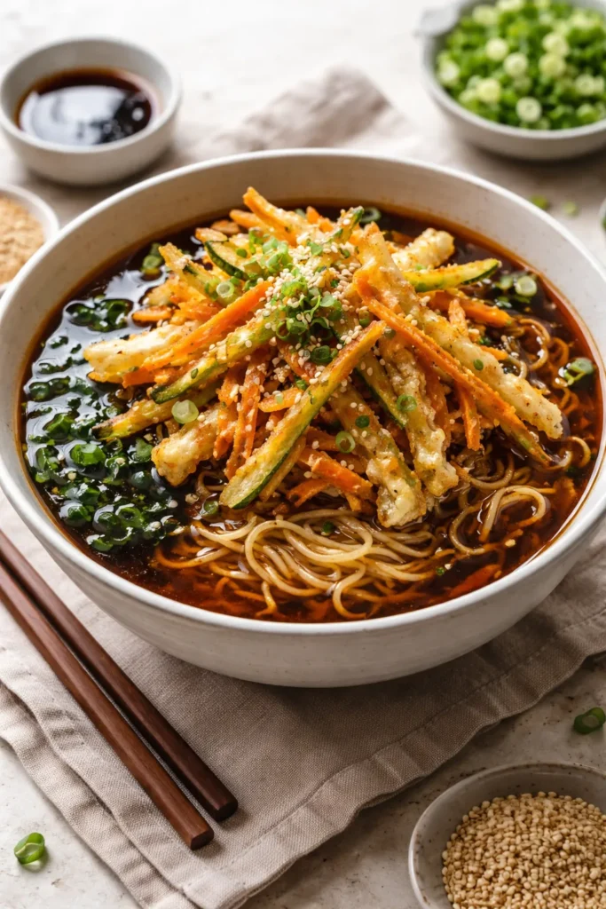 Ramen bowl with vegan tsuyu broth and julienned vegetable tempura fritters
