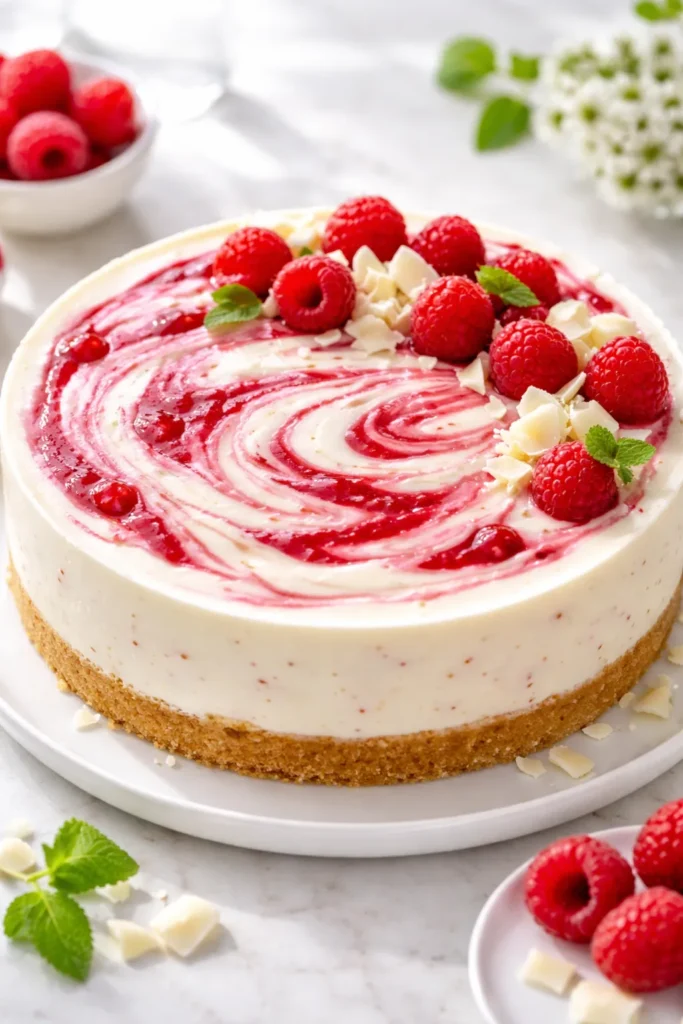 10 No Bake Cheesecakes for Hot Summer Days 8 Creamy Raspberry White Chocolate Cheesecake with raspberry swirl