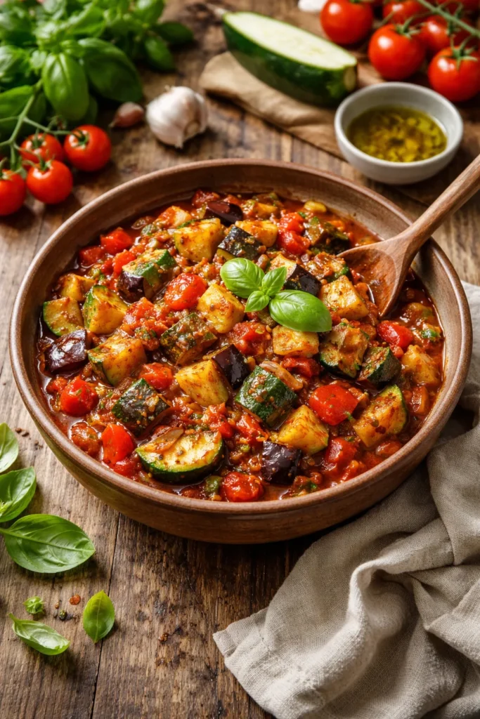 8 French Dishes Easier Than You Think 4 Chunky ratatouille with eggplant zucchini peppers and onions in a rustic bowl