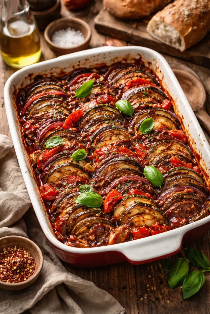 8 Batch Cooking Recipes for Easy Weeknights 5 Ratatouille in a baking dish with caramelized vegetables