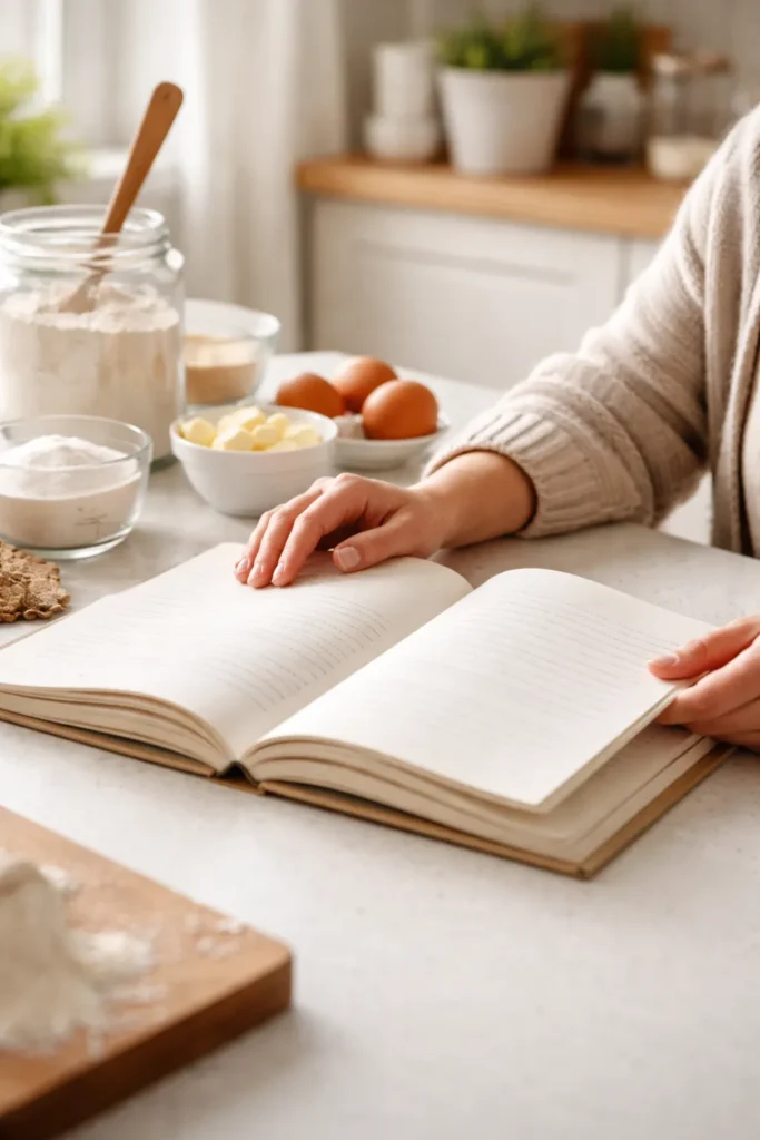 10 Baking Tips Every Beginner Needs to Know 1 Person reading a recipe at a kitchen counter with an open book; pages appear blank to avoid text